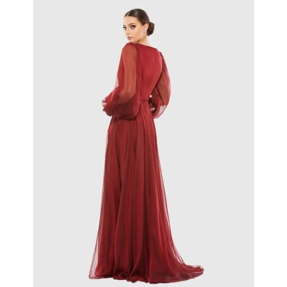 Mac Duggal Red Sheer Blouson Sleeve Surplice Gown 67873 - Size 18 - NWT - Picture 2 of 7